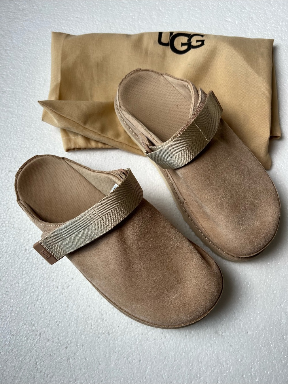 UGG Men's Beige/Tan Suede Slide Sandals with Adjustable Webbing Strap - Picture 8 of 8